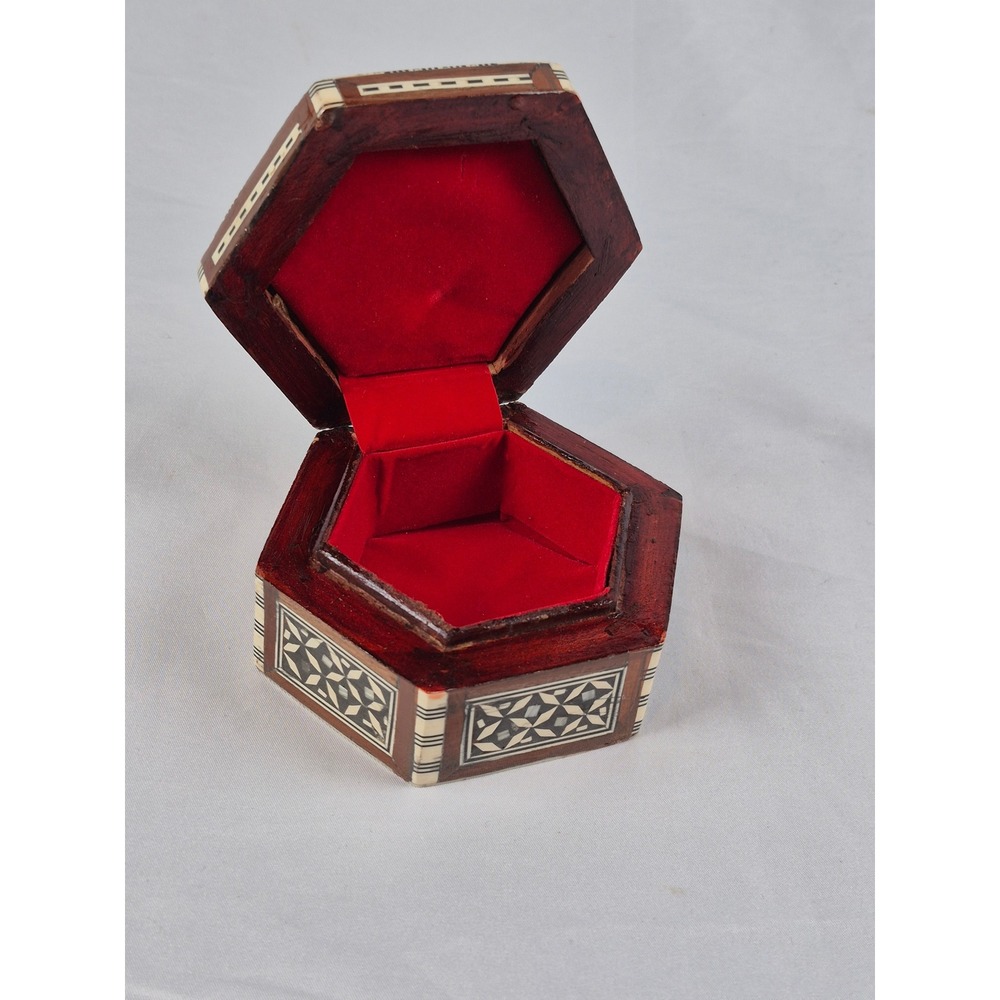 Jerusalem Holy Land Olive Wood Mother of Pearl Inlay Hexagon Trinket Jewelry Box - Picture 8 of 9